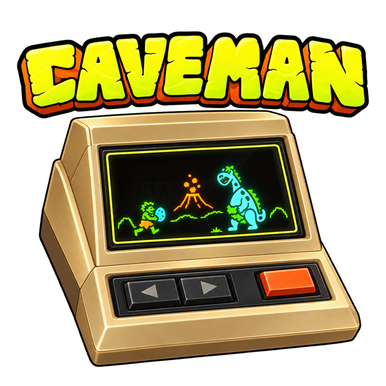Caveman's gold tabletop cabinet, with a glowing dinosaur screen and orange action button